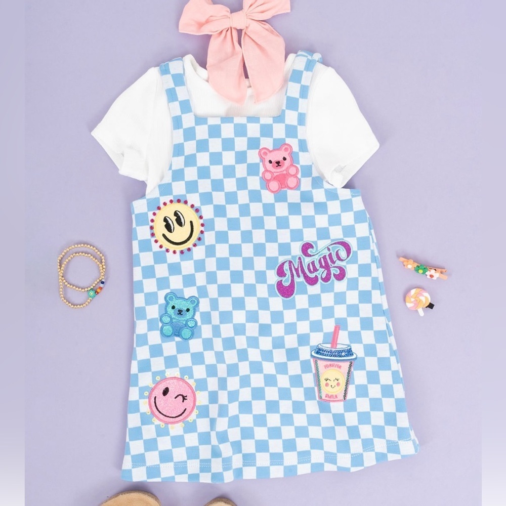 Rare Editions Girls Blue & White Checkered Romper Dress with Patches | Size 5